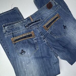 Y2K Archaic Affliction Mens 42X33 Jeans Denim‎ Leather Whiskers Distressed Logo